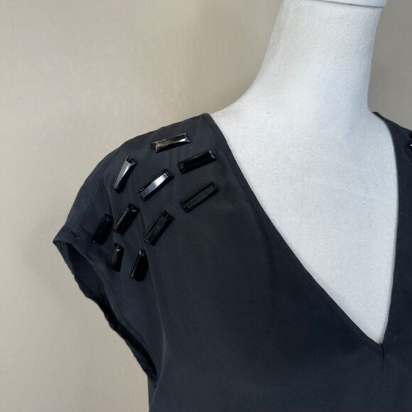 Maje Blouse Black Beaded Shoulder V-Neck Top Whimsygoth Lightweight - Picture 2 of 11